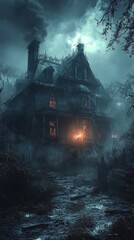 Haunted house, creating a spooky and atmospheric scene with eerie lighting and mysterious surroundings, Generative AI
