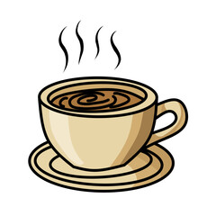 illustration of a cartoon-style coffee cup with a saucer and steam. Perfect for café designs, breakfast visuals, and hot beverage-themed graphics.