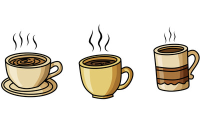illustration of three steaming cups of coffee in different styles. Hand-drawn cartoon design of hot beverages in mugs and cups with saucers. Perfect for café menus, coffee shop branding