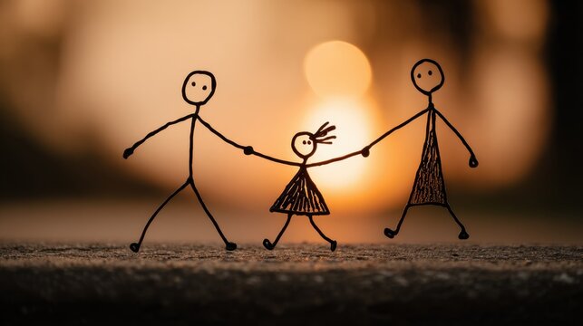 Two stick figures guide a child, showcasing teamwork and co-parenting efforts to nurture and support healthy child development.
