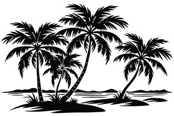 Fototapeta premium Silhouette of Palm Trees on Tropical Beach A Black and White Illustration