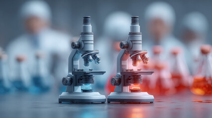 Microscopes in laboratory setting with colorful flasks