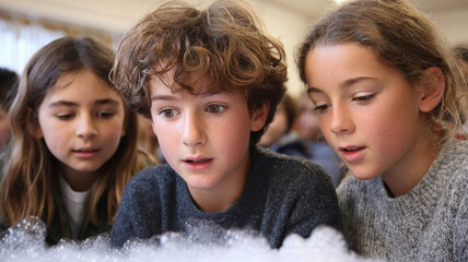 Curious children observing bubbles during fun activity