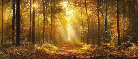 Sunlight streaming through tall trees along a forest path covered with fallen autumn leaves, creating a warm golden glow and peaceful atmosphere