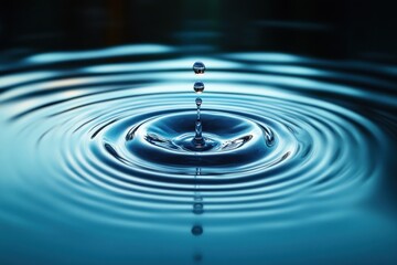 Close-up of clear water droplets falling and creating ripples on a calm blue water surface with smooth circular waves