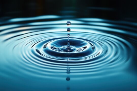 Close-up of clear water droplets falling and creating ripples on a calm blue water surface with smooth circular waves