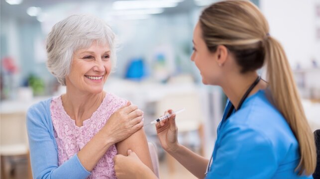Elderly Woman Receives Vaccination From Female Healthcare Professional An Injection Against Influenza In a Modern Health Clinic Building Indoors