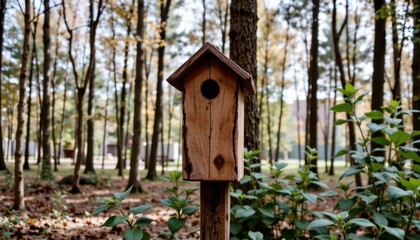 Rustic wooden birdhouse mounted on a pole in a dense forest with tall trees and green foliage du daylight in a natural outdoor setting