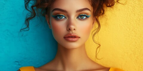 Stylish female model with vibrant makeup, showcasing bold fashion and striking colors in a confident and artistic studio portrait, Generative AI