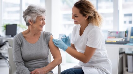 Obraz premium Healthcare Professional Administering Injection to Senior Woman in Medical Office Examining Treatment and Promoting Wellness Ensuring Safety Measures