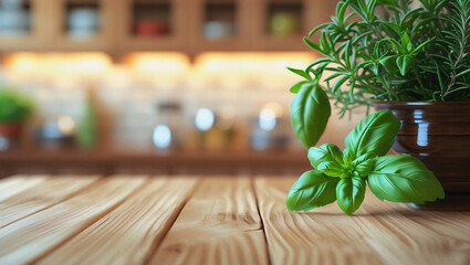 Wooden table mockup with basil and rosemary for rustic and minimalist aesthetic projects. Great for lifestyle campaigns, ingredient promotions, and beautiful visual storytelling.