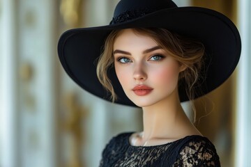 Elegant beautiful woman in a black dress and hat, exuding sophistication and confidence while attending a formal event or gathering, Generative AI
