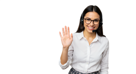 Friendly Customer Service: Smiling Woman with Headset Waving Customer Support Representative: Welcoming Gesture and Smile isolated on transparent background Generative Ai PNG 