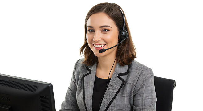Professional Customer Service: Smiling Woman in Headset and Blazer isolated on transparent background Generative Ai PNG  Call Center Representative: Friendly Agent at Work Desk 