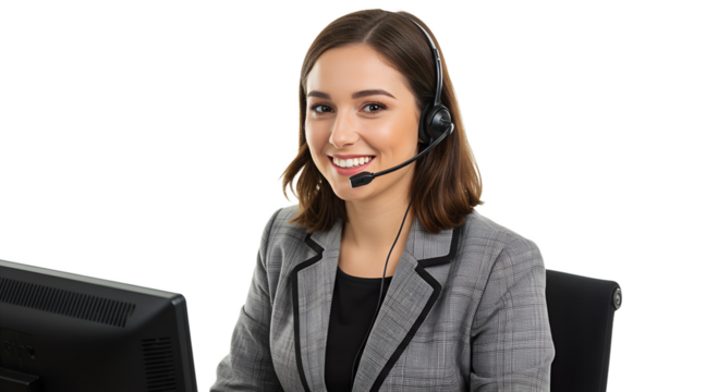 Professional Customer Service: Smiling Woman in Headset and Blazer isolated on transparent background Generative Ai PNG  Call Center Representative: Friendly Agent at Work Desk 