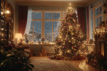 Holiday Cheer: Warmth radiates from a gorgeously adorned Christmas tree, set in a classic living room, twinkling lights, and snowy atmosphere, with a festive cozy feeling and celebrating the holidays.