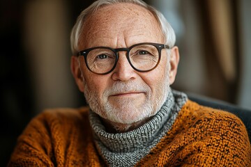 Handsome senior man with glasses looking at camera, radiating wisdom and confidence in a charming and dignified portrait, Generative AI