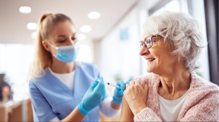 A Caregiver Administering an Injection of Vaccine with a Syringe to an Elderly Female Patient at a Healthcare Facility