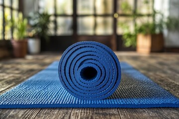 Exercise mat on floor with woman doing yoga, practicing mindfulness and flexibility in a calm and serene environment, Generative AI