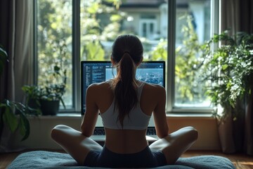 Woman watching sports training online on laptop, learning new techniques and improving her athletic skills through virtual guidance, Generative AI