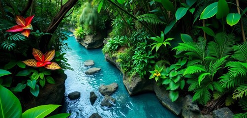 Lush tropical coastline rainforest scene with monstera deliciosa and epiphytic ferns, vibrant greens and blues,  image,   nature illustration