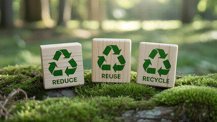 Reduce reuse recycle wooden blocks in a forest setting