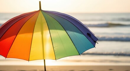 Rainbow umbrella on a beach with ocean waves in the background light pride