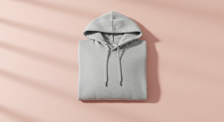 A clean, grey folded hoodie lies flat on a soft pink background, bathed in natural light with subtle shadows. This minimalist, top-down shot offers a perfect apparel mockup opportunity for fashion, co