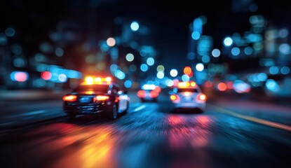 Police cars pursuit at night on wet street