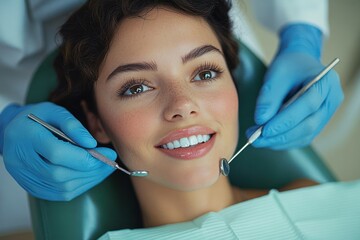 Smiling woman lying in dental chair undergoing a routine dental checkup with dentist wearing blue gloves holding dental mirror and explorer