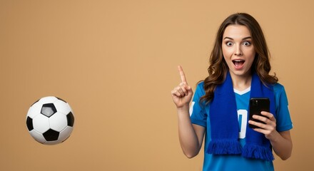 woman soccer fan holds a ball and points up next to a large blank vertical screen. Her expression is one of excited surprise, perfect for showcasing promotions, sports apps, or fan