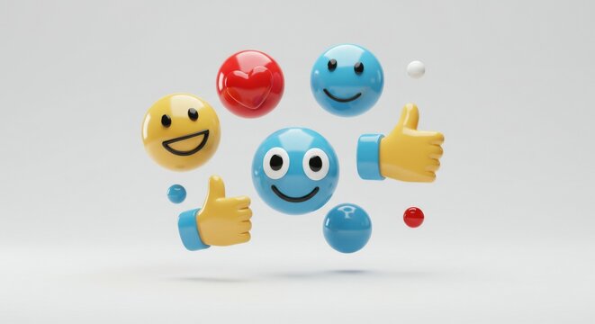 3D render of smiling emoji, heart eyes emoji, and thumbs-up hand with colorful spheres floating against a plain background. Abstract graphic concept for digital communication, social media, feedback,