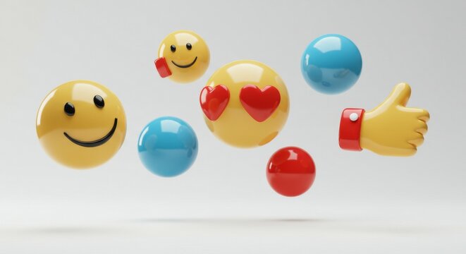 3D render of smiling emoji, heart eyes emoji, and thumbs-up hand with colorful spheres floating against a plain background. Abstract graphic concept for digital communication, social media, feedback, - Powered by Adobe