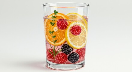 A vibrant glass of sparkling water bursts with fresh fruit slices - lemon, lime, and strawberries. Effervescent bubbles rise, creating a refreshing, healthy, and colorful drink perfect for summer, det