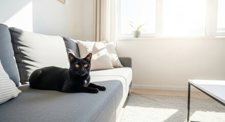 Black Cat Relaxing on Gray Sofa in Sunny Living Room