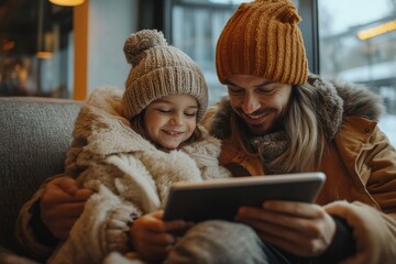 Family waiting at airport lounge using digital tablet, staying entertained and connected while waiting for their flight, Generative AI
