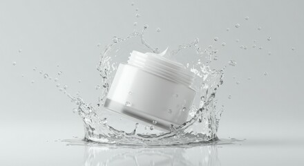 A white cosmetic jar surrounded by a dynamic water splash on white. Captures freshness, hydration, and purity, perfect for skincare and beauty advertising, health, wellness, and natural product concep