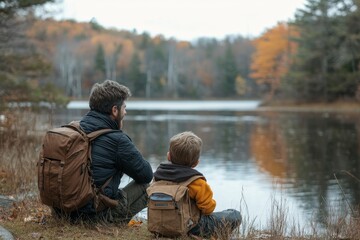 Father and son playing near the lake, spending quality time together while enjoying outdoor activities and making memories in nature, Generative AI
