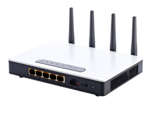 Modern wireless router with multiple antennas.