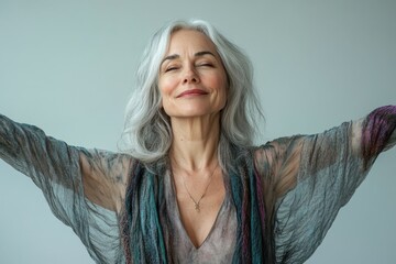 Beautiful aging woman celebrating her body, embracing the wisdom and beauty that comes with age in a confident and radiant pose, Generative AI
