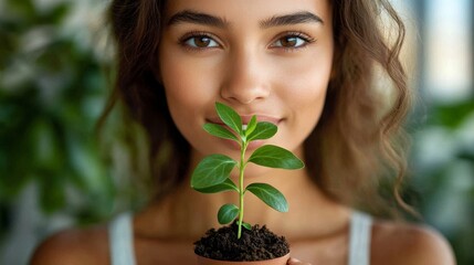 Unrecognizable woman holding a green seedling growing in soil, symbolizing growth, renewal, and environmental consciousness, Generative AI