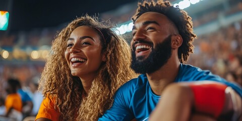 Couple cheering at a live soccer match, passionately supporting their team with joy and excitement in the stands during a thrilling game, Generative AI