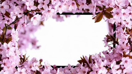 Blooming pink cherry blossoms frame with a white blank center area for text overlay or logo insertion video