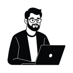 Bearded man working on laptop illustration