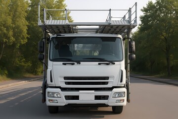 Obraz premium A white car carrier truck driving along a tree-lined road in daylight, photographed from a slight angle to the left.