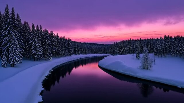 Breathtaking Winter Landscape Snow-Covered Forest and a Serene River during colorful Sunset