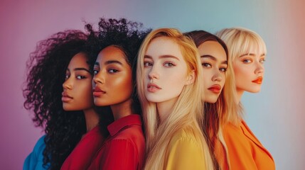 Diverse female models standing back to back, showcasing different ethnicities and body types in a powerful and inclusive pose, Generative AI