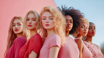 Diverse female models standing back to back, showcasing different ethnicities and body types in a powerful and inclusive pose, Generative AI