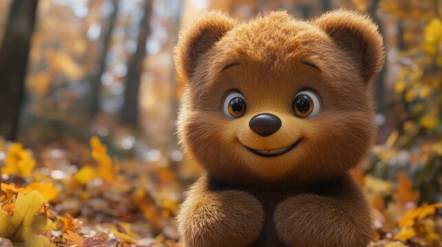 Cute cartoon bear in autumn leaves