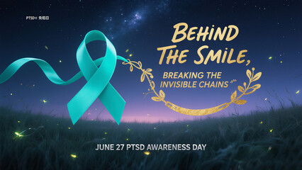 Posttraumatic Stress Disorder (PTSD) Awareness Day ribbon and slogan, representing attention to the psychological trauma behind smiles, suitable for public welfare communication scenarios.